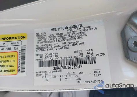 2016 Lincoln Mkz Hybrid из США, поврежденный, VIN 3LN6L2LU7GR632012